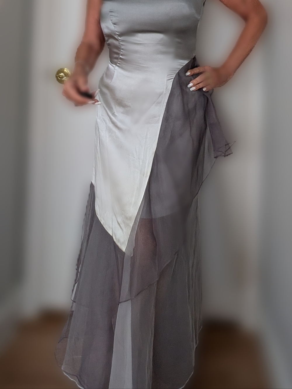 Elegant Two-Tone Satin & Organza Sheer Panel Maxi Skirt - Gray/White
